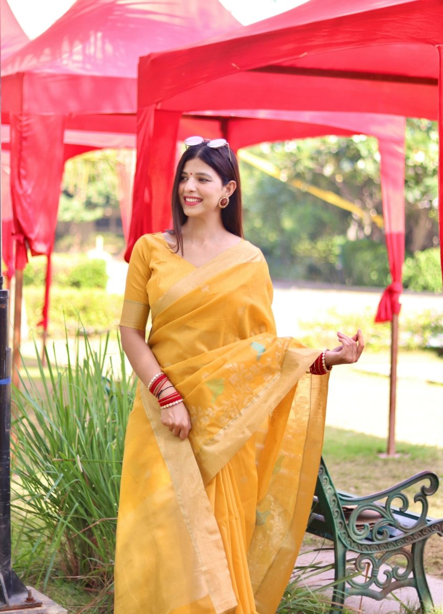 Aastha Fashion Yellow Thread Woven Cotton Silk Saree with Blouse - Distacart