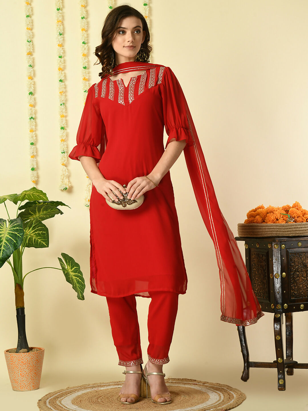 Myshka Women's Red Georgette Kurta & Trousers With Dupatta Party Sets - Distacart