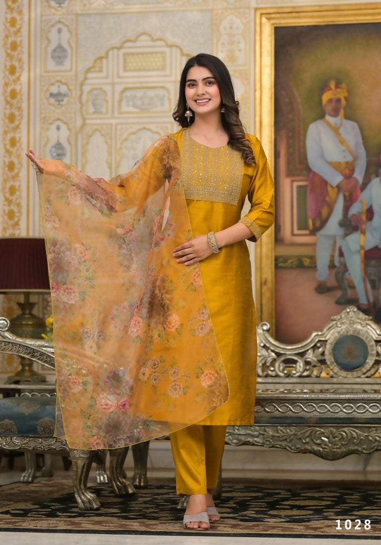 Partywear Designer Musted Yellow Poly Silk fabric Stitched Suit With Dupatta - Tanisha - Distacart