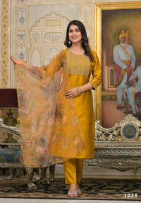Thumbnail for Partywear Designer Musted Yellow Poly Silk fabric Stitched Suit With Dupatta - Tanisha - Distacart