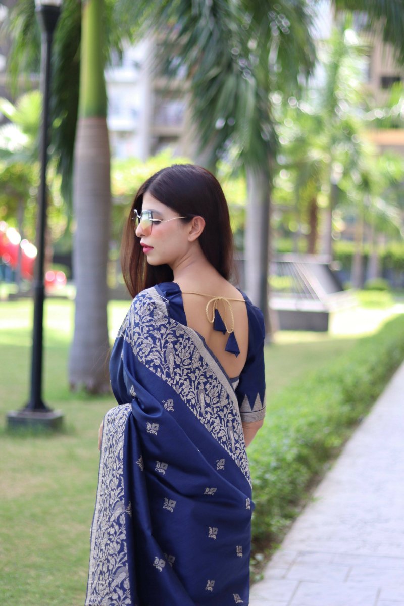 Aastha Fashion Navy Blue Woven Handloom Raw Silk Saree with Blouse - Distacart