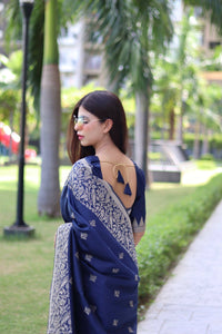 Thumbnail for Aastha Fashion Navy Blue Woven Handloom Raw Silk Saree with Blouse - Distacart