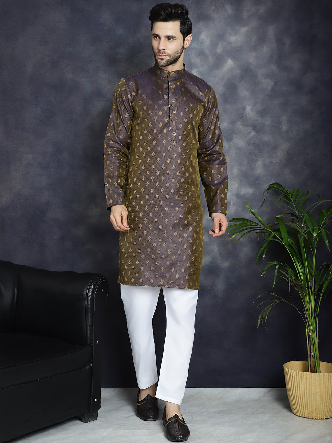 Jompers Men's Woven Design Silk Blend Kurta - Purple - Distacart