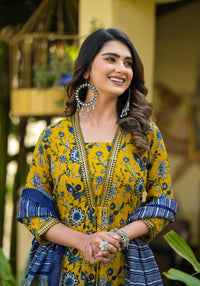 Thumbnail for Indian Fashion Women yellow and Blue Printed Viscose Blend Kurta, Pant And Dupatta Set