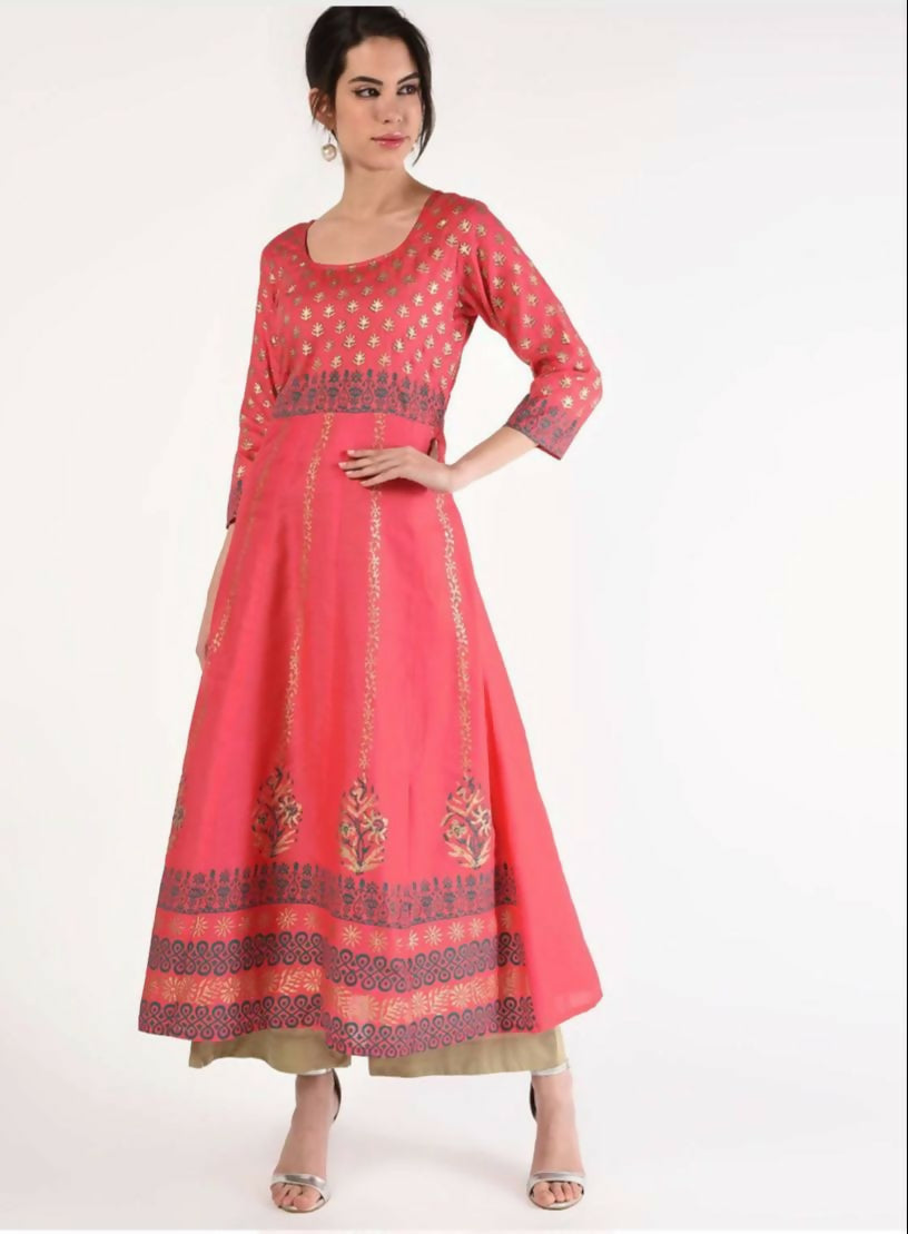 Cheera Women Stylish Hand Block Printed Cotton Blend Flared Kurta - Peach
