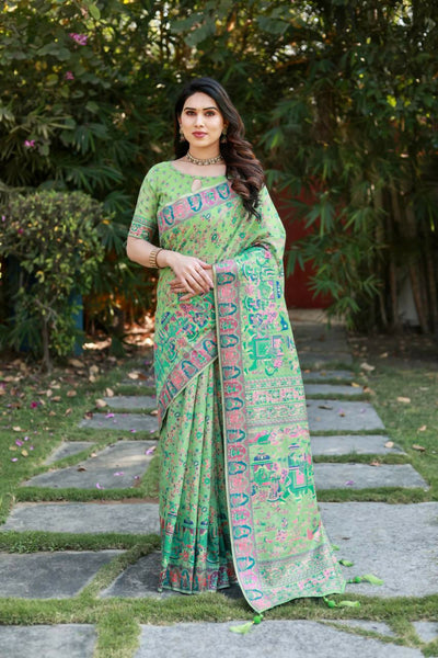 Vastranavya Luxury and Beautiful Soft, Smooth, Flowing Original Pashmina Soft Cotton Saree with Matching Blouse Fabric - Pista