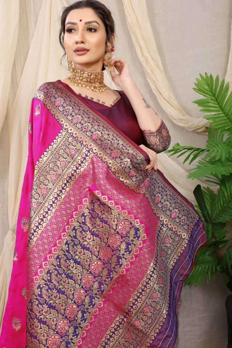 Aastha Fashion Rani Pink Woven Banarasi Silk Saree with Blouse - Distacart