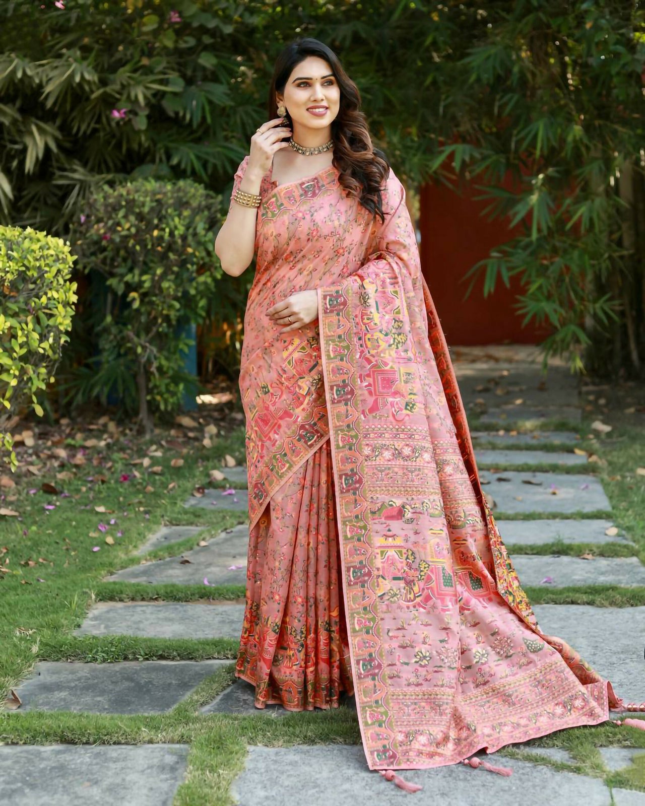 Vastranavya Luxury and Beautiful Soft, Smooth, Flowing Original Pashmina Soft Cotton Saree with Matching Blouse Fabric - Peach