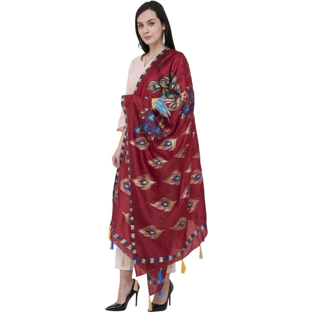 A R Silk Silk Peacock Multi Fancy Dupatta Color Mehroon Dupatta or Chunni