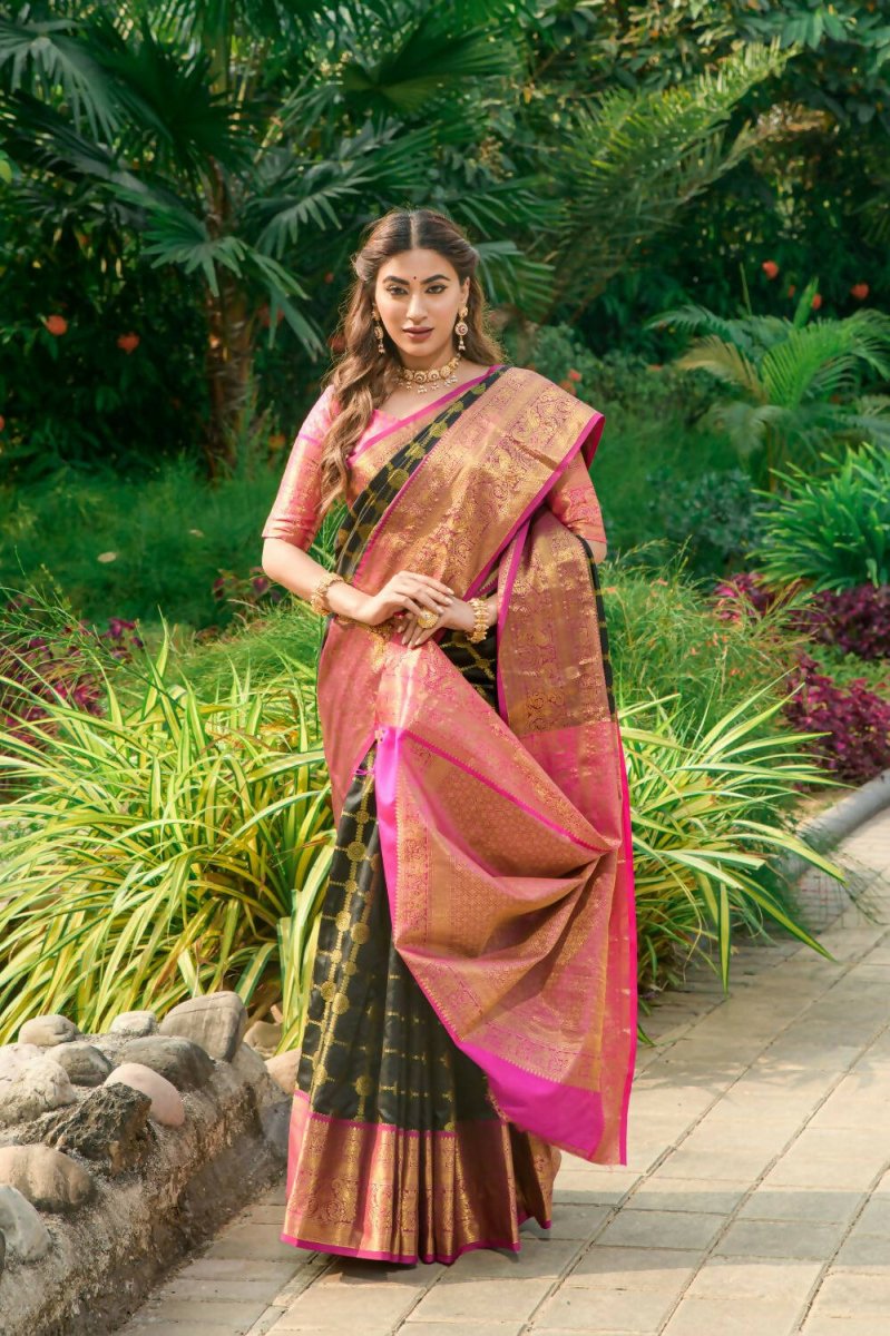 Aastha Fashion Black Woven Kanchipuram Silk Saree with Blouse - Distacart