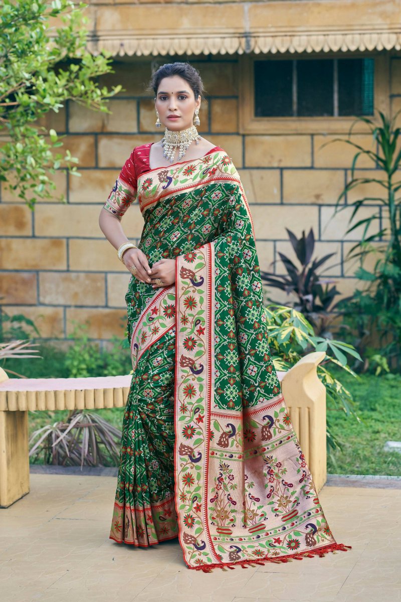 Aastha Fashion Green Woven Patola Silk Saree with Blouse - Distacart