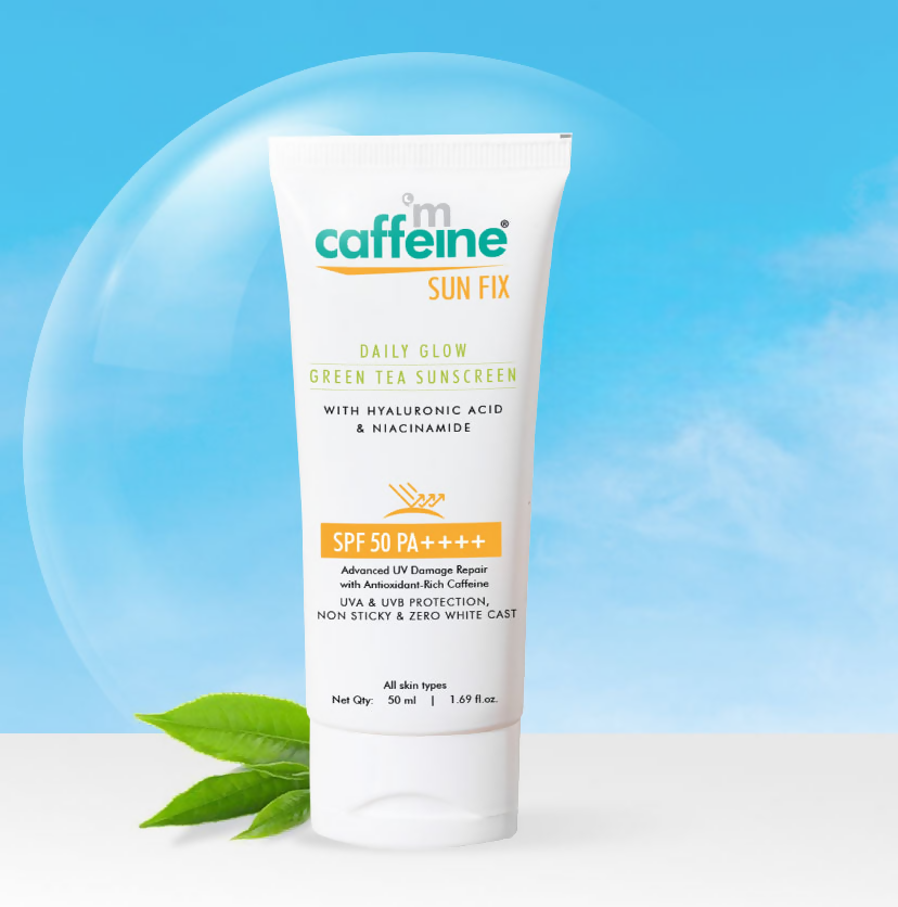 mCaffeine Sun Fix Daily Glow Green Tea Sunscreen SPF 50 PA++++ with Niacinamide, Lightweight & No White Cast