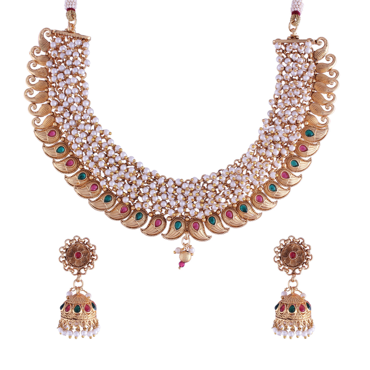 18K Gold Plated Brass Pearl Choker Necklace With Earrings for Women/Girls - Wahe Jewels