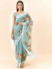 Thumbnail for Blue Organza Floral Embroidered Saree with Unstitched Blouse Piece - Roozal - Distacart