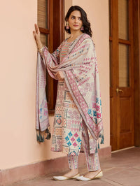 Thumbnail for Malishka Women's Peach Cotton Straight Kurta with Pant And Dupatta Set