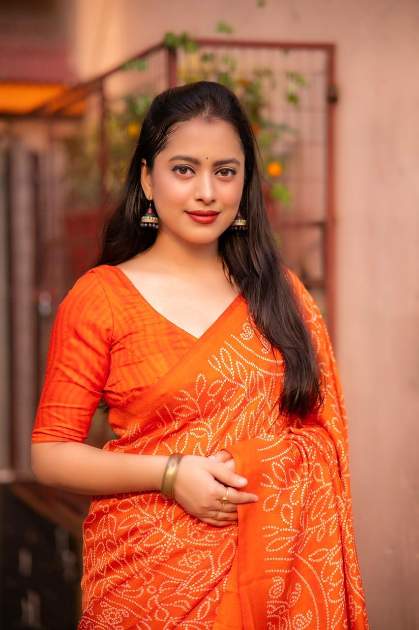 Orange Silk Blend Ajrak Saree with Unstitched Blouse - Hiral Fashion - Distacart