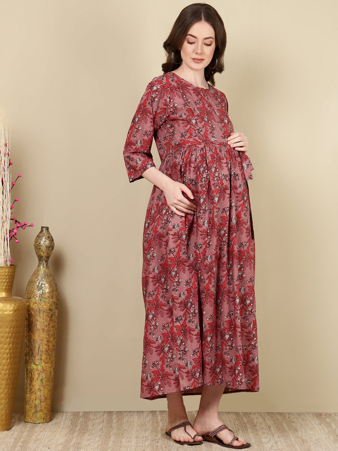 Women Mauve Floral Printed Flared Maternity Dress - Rasiya