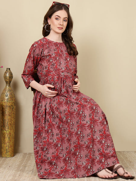 Women Mauve Floral Printed Flared Maternity Dress - Rasiya