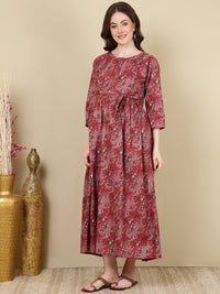Thumbnail for Women Mauve Floral Printed Flared Maternity Dress - Rasiya
