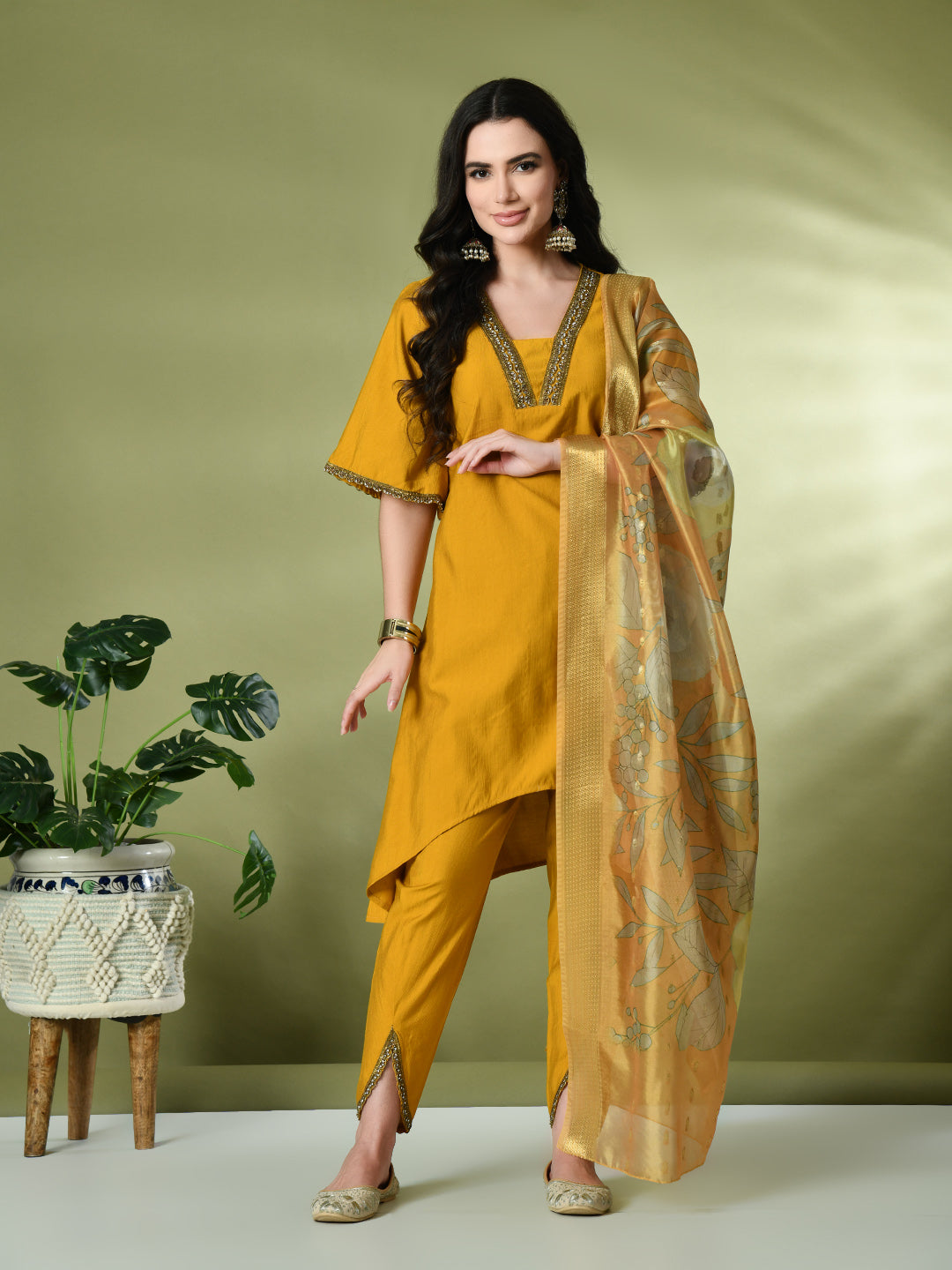 Myshka Women's Solid V-Neck Bell Sleeves Kurta & Dhoti Pants With Printed Dupatta Sets in Mustard Color