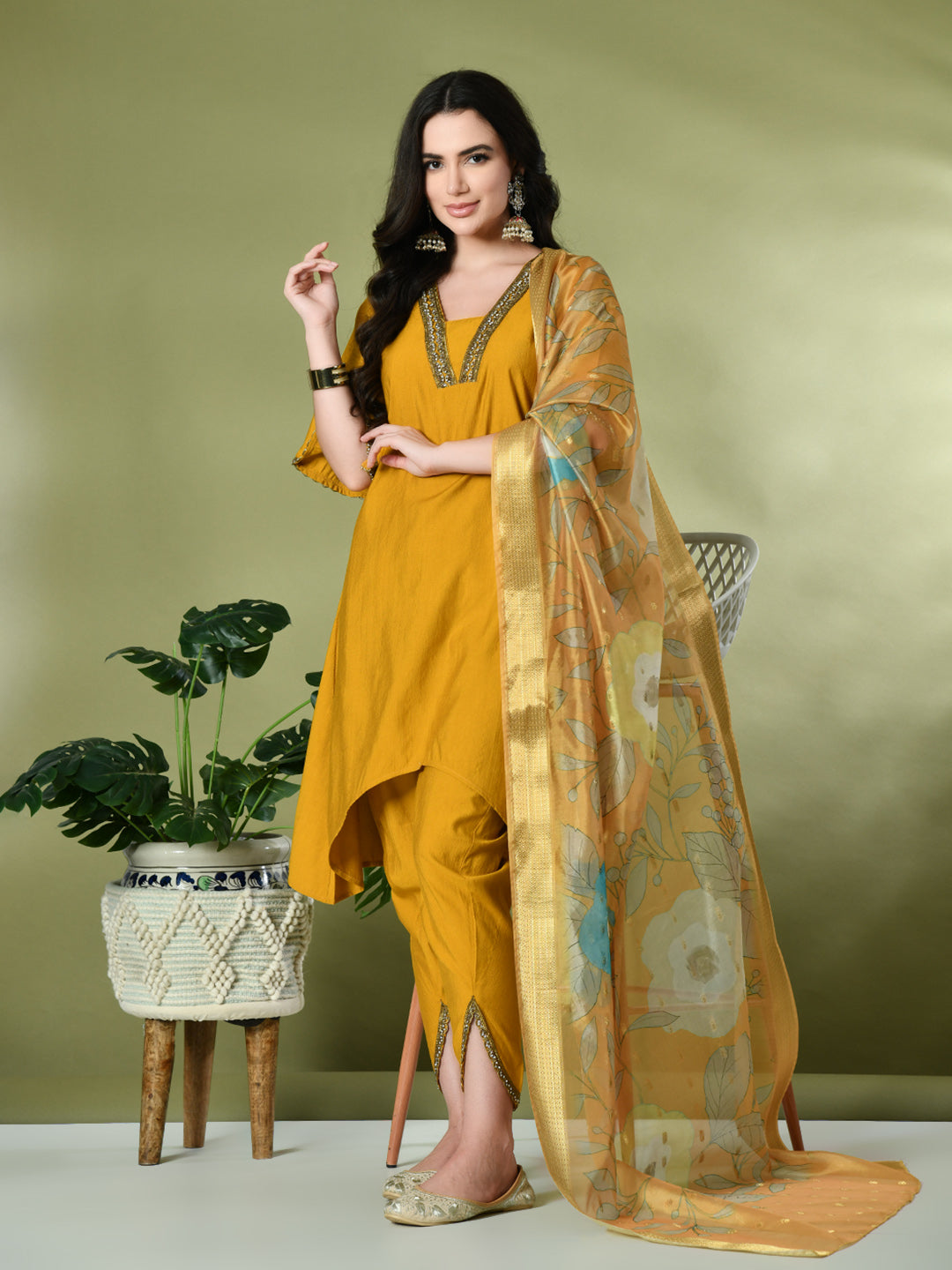 Myshka Women's Solid V-Neck Bell Sleeves Kurta & Dhoti Pants With Printed Dupatta Sets in Mustard Color