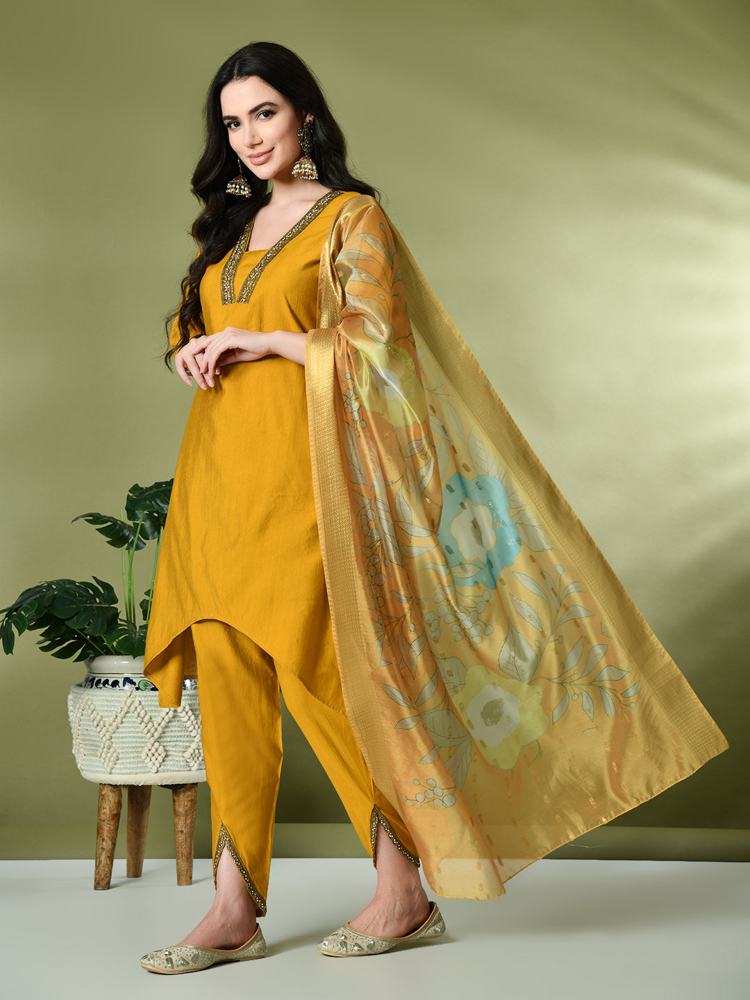 Myshka Women's Solid V-Neck Bell Sleeves Kurta & Dhoti Pants With Printed Dupatta Sets in Mustard Color