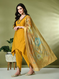 Thumbnail for Myshka Women's Solid V-Neck Bell Sleeves Kurta & Dhoti Pants With Printed Dupatta Sets in Mustard Color