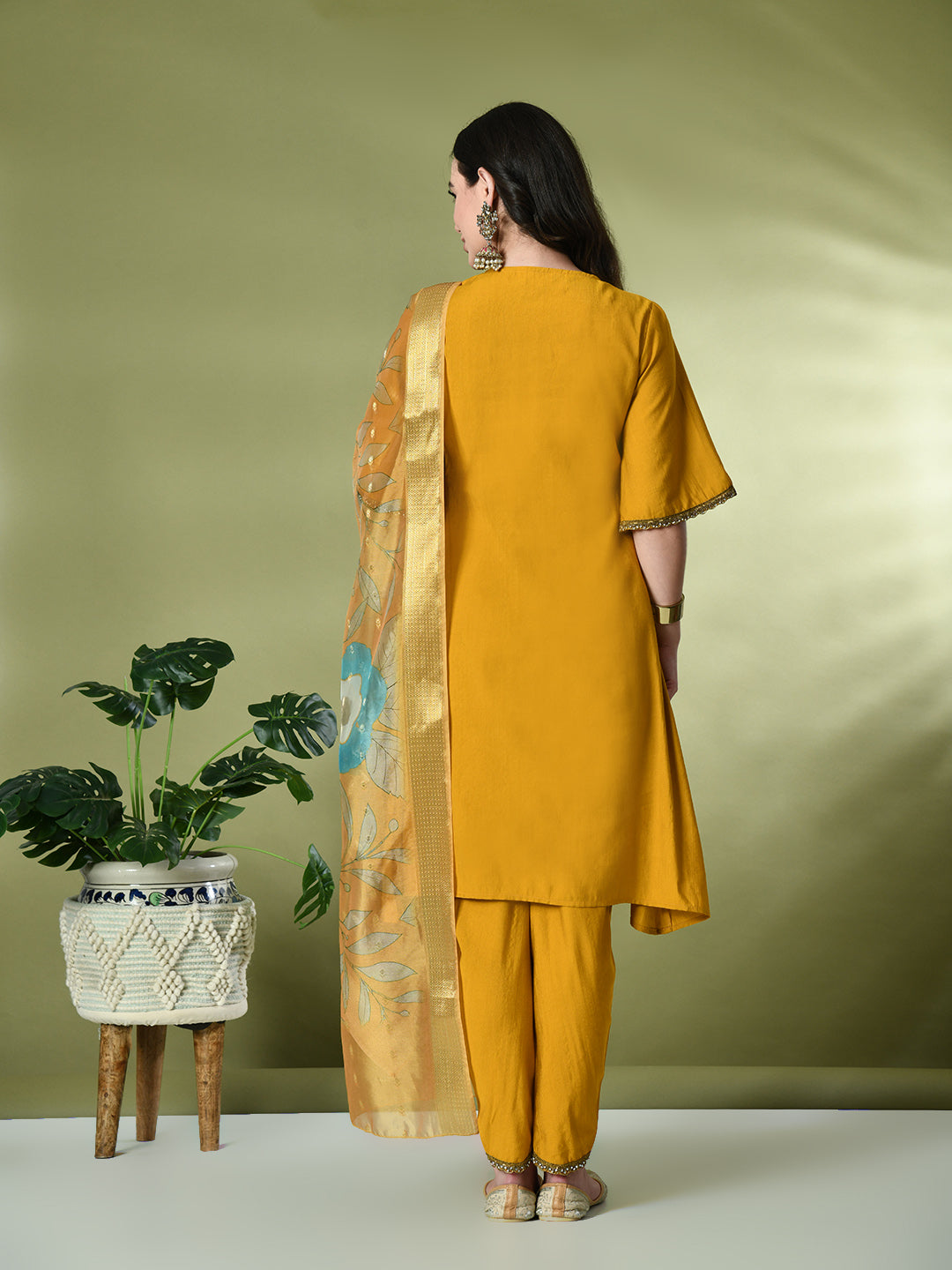 Myshka Women's Solid V-Neck Bell Sleeves Kurta & Dhoti Pants With Printed Dupatta Sets in Mustard Color