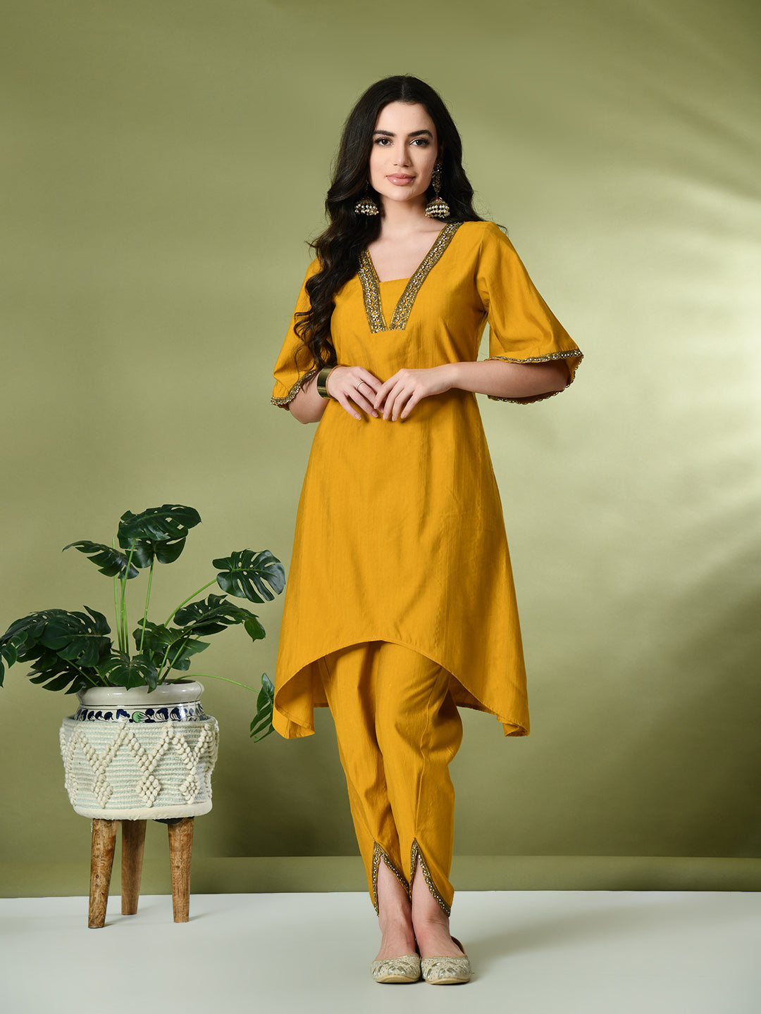 Myshka Women's Solid V-Neck Bell Sleeves Kurta & Dhoti Pants With Printed Dupatta Sets in Mustard Color