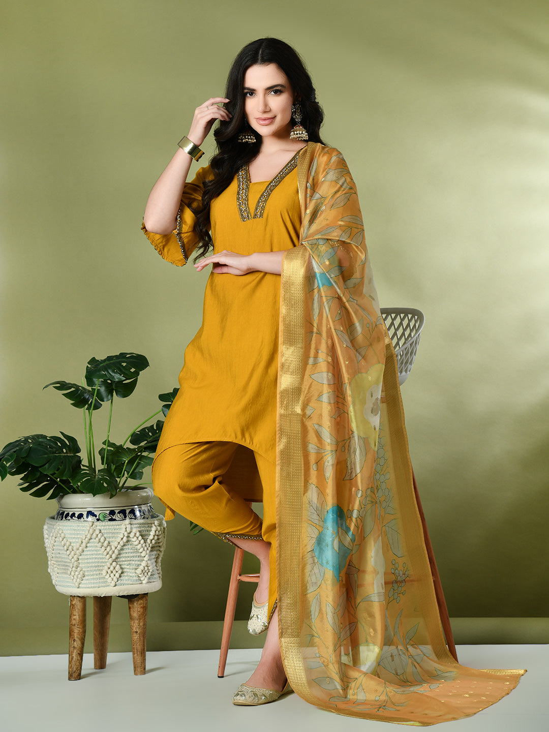 Myshka Women's Solid V-Neck Bell Sleeves Kurta & Dhoti Pants With Printed Dupatta Sets in Mustard Color