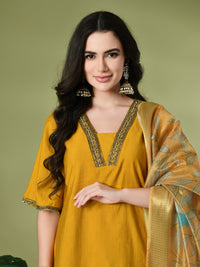 Thumbnail for Myshka Women's Solid V-Neck Bell Sleeves Kurta & Dhoti Pants With Printed Dupatta Sets in Mustard Color