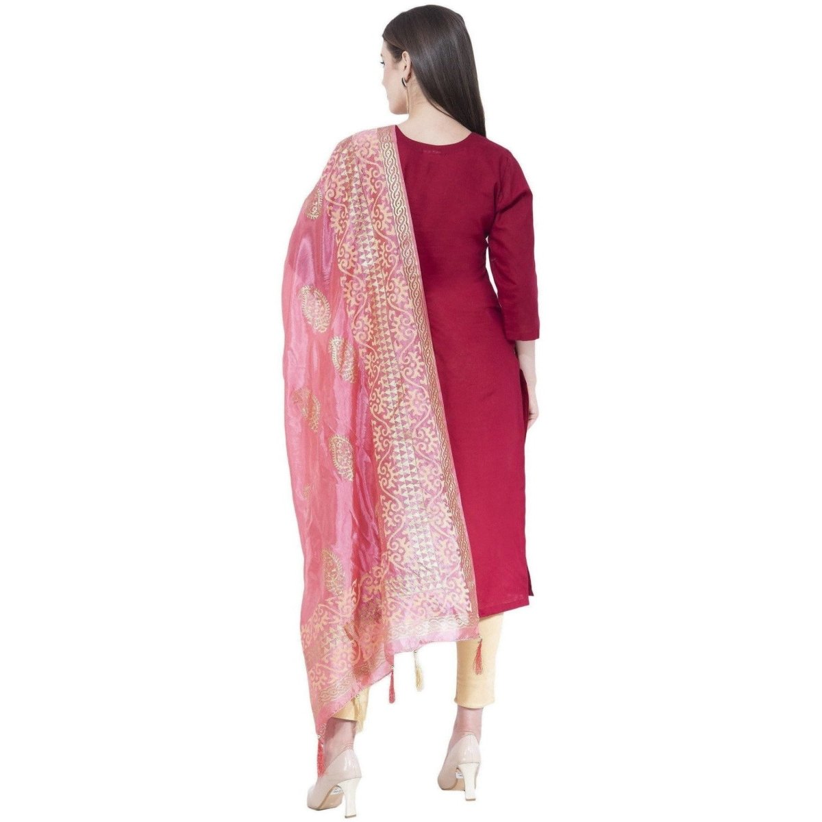 A R Silk Women's Gold Print Silk Light Pink Dupattas and Chunnis