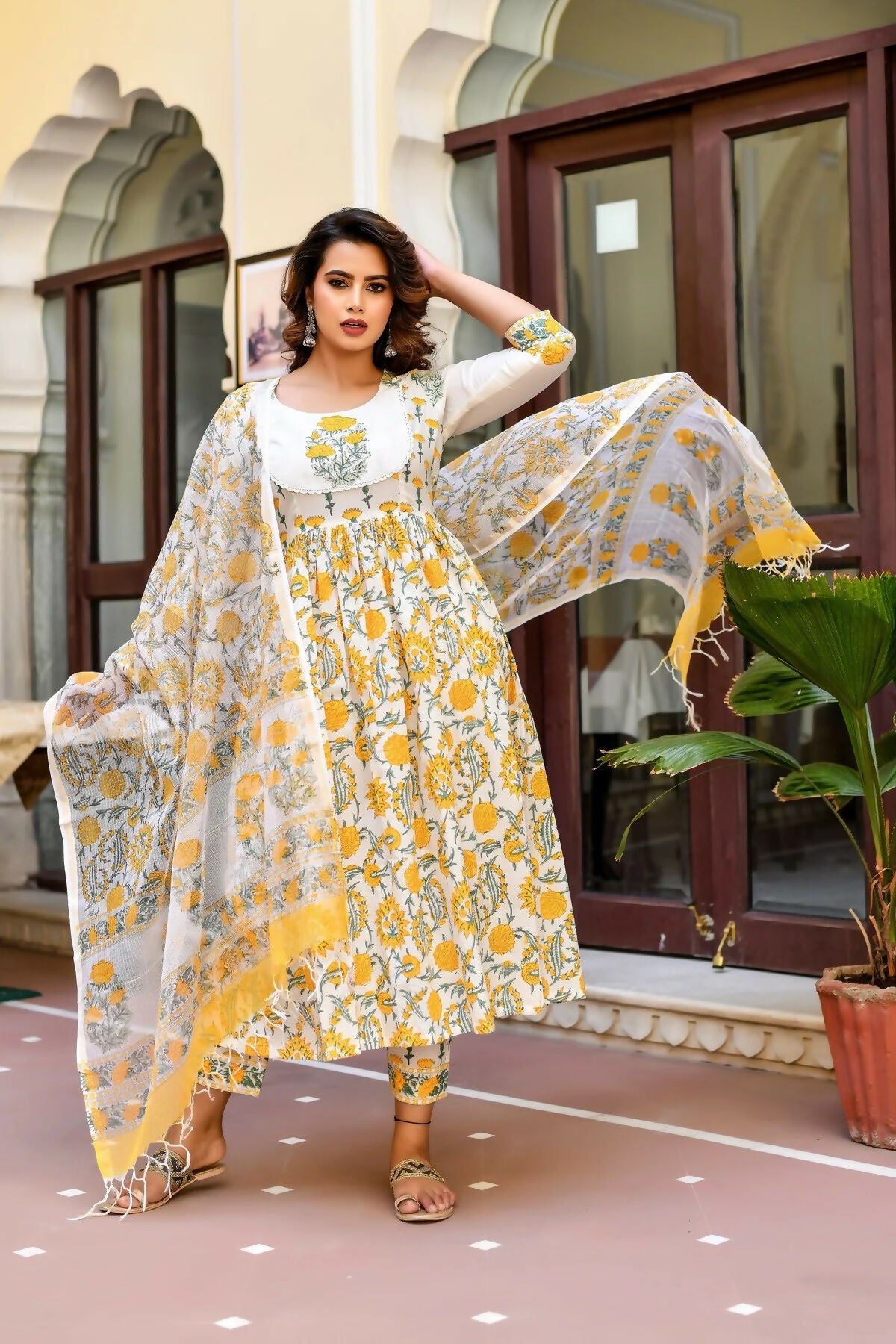 Indian Fashion Women White Printed Pure Cotton Kurta, Pant And Dupatta Set - Distacart