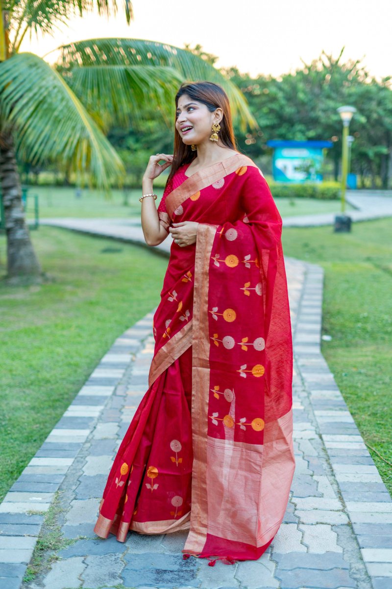 Aastha Fashion Red Woven Cotton Silk Saree with Blouse - Distacart