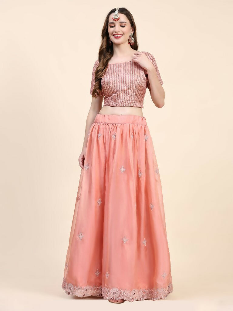 Peach Silk Embroidered Poncho Pattern Top & Lehenga with Dupatta - Tanya - Distacart