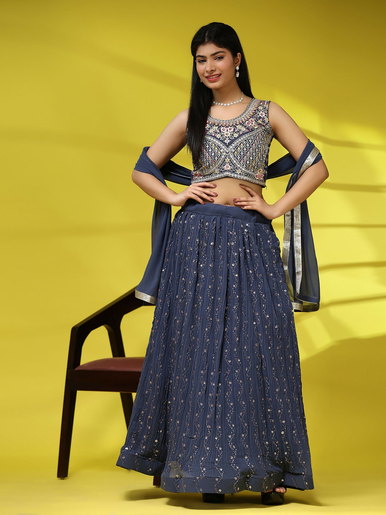 Dark Grey Georgette Embroidered Lehenga choli with Dupatta - Dhara - Distacart