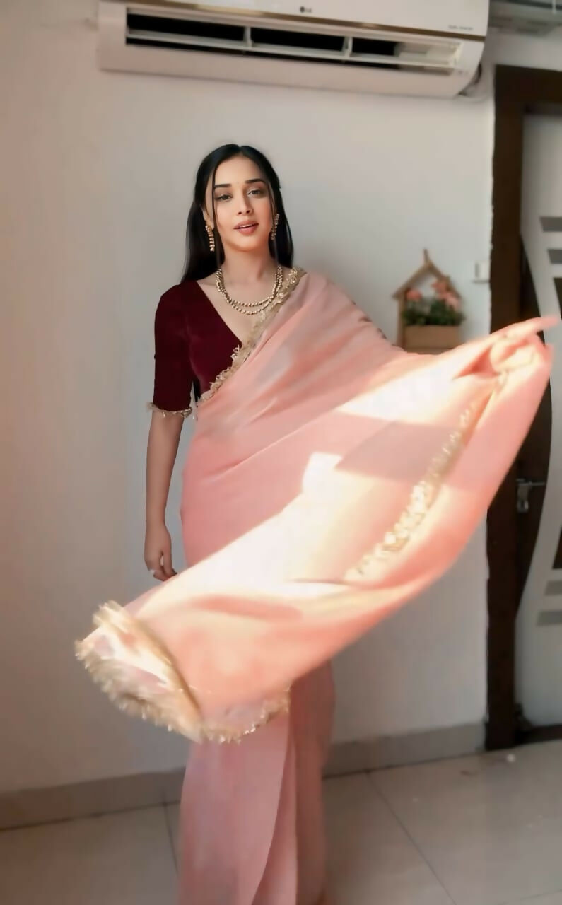 Malishka Jimuchi Silk Golden Boarder Ready To Wear Saree With Blouse Piece - Peach - Distacart