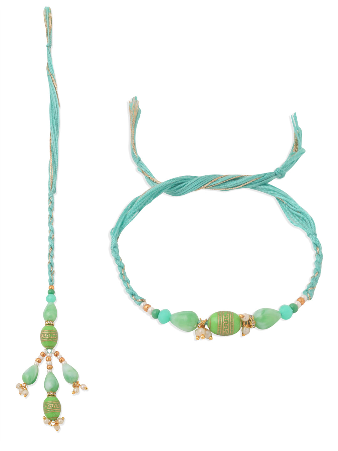 NVR Set of 2 Green Artificial Beads Bhaiya Bhabhi Rakhi with Roli Chawal Chandan & Mishri