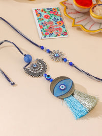 Thumbnail for NVR Set of 2 Blue Evil Eye Artificial Beads Bhaiya Bhabhi Rakhi with Roli Chawal Chandan & Mishri
