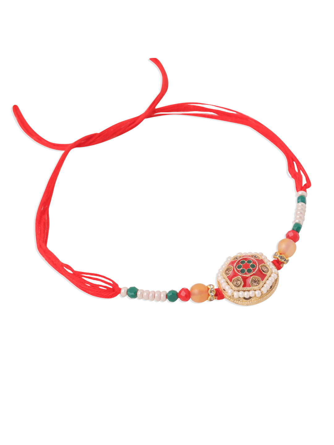NVR Set of 2 Red Artificial Stones and Beads Bhaiya Bhabhi Rakhi with Roli Chawal Chandan & Mishri