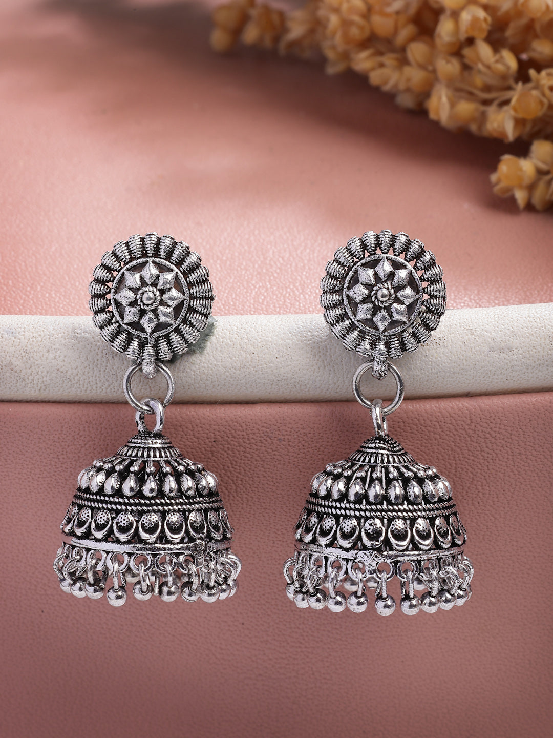NVR Women Set of 3 Silver Plated Oxidized Traditional Jhumka Earrings