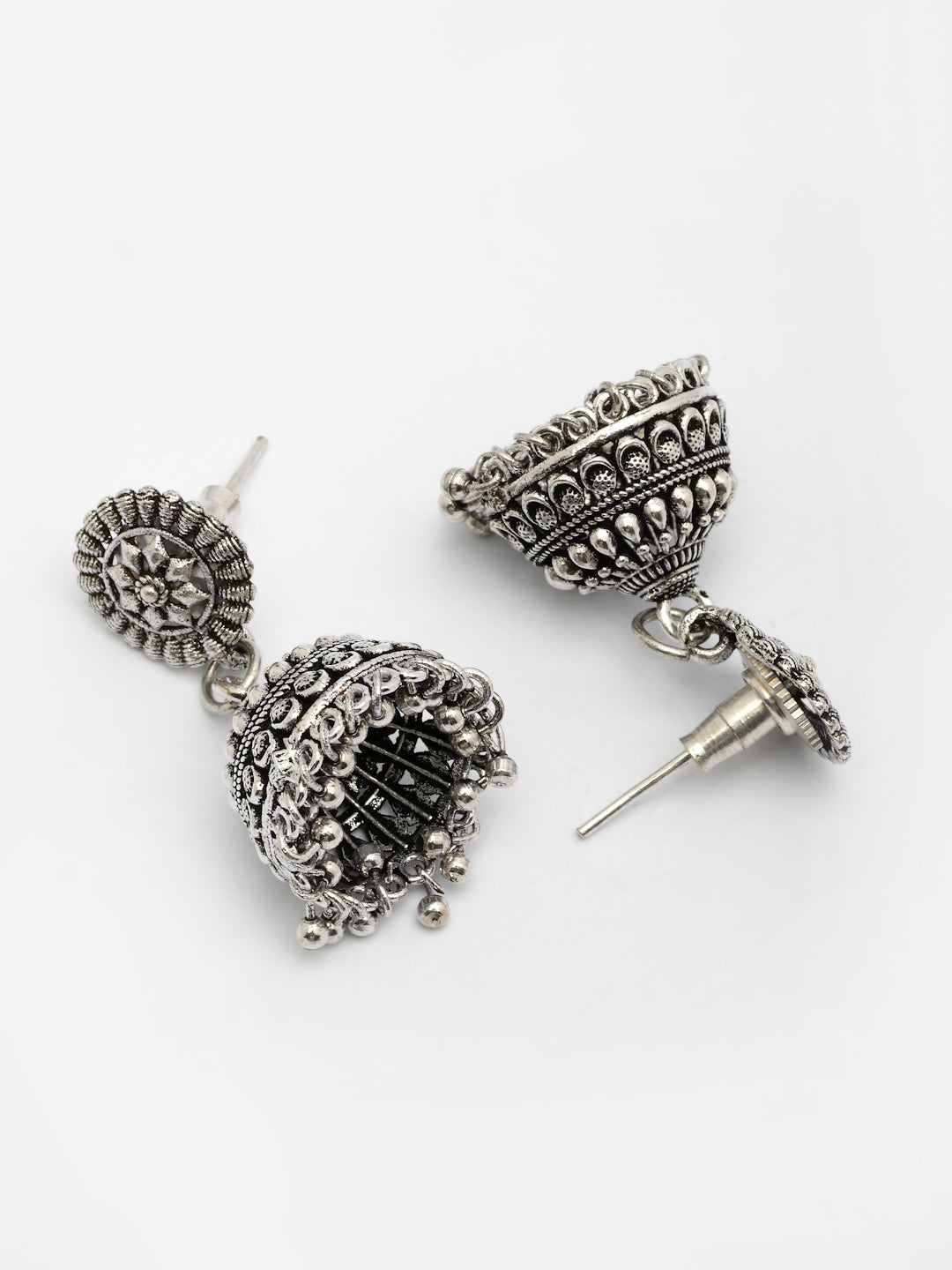 NVR Women Set of 3 Silver Plated Oxidized Traditional Jhumka Earrings