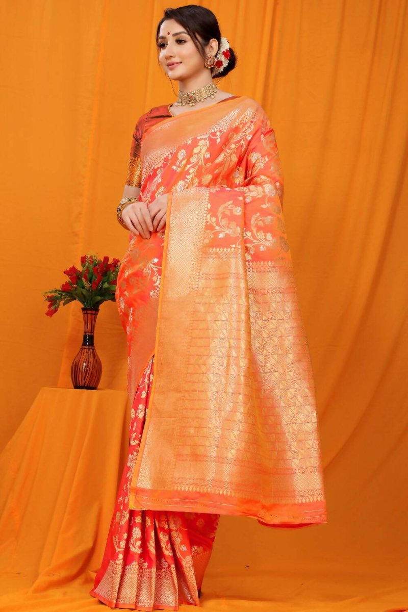 Aastha Fashion Orange Woven Banarasi Silk Saree with Blouse - Distacart