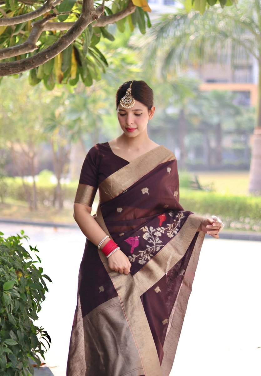 Aastha Fashion Coffee Thread Woven Cotton Silk Saree with Blouse - Distacart