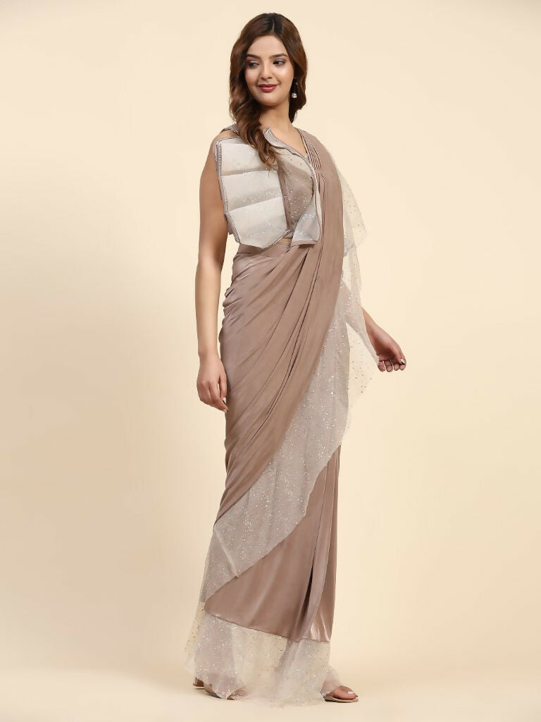 Light Brown Lycra Solid Ready to Wear Saree with stitched Blouse - Nita - Distacart