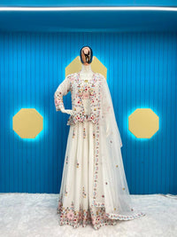 Thumbnail for Preksha Creation Fancy Western Style Chinon Multi Threads Sequence Work Blazer/Koti, Tube Choli With Heavy Flair Sarara & Dupatta - White