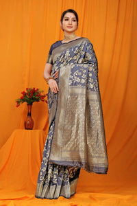 Thumbnail for Aastha Fashion Navy Blue Woven Banarasi Silk Saree with Blouse - Distacart