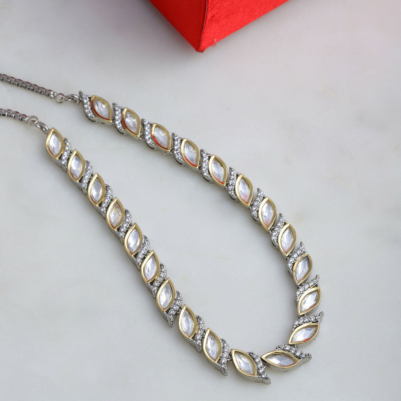 Leaf Shaped Neckpiece in Dual Tone Kundan and American Diamonds (Silver) - Ruby Raang - Distacart