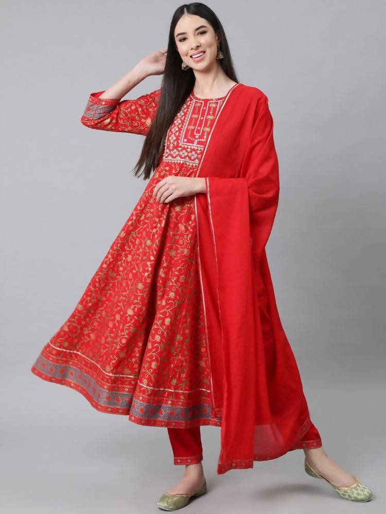 Anubhutee Red Ethnic Motifs Printed Empire Pure Cotton Kurta with Trousers & With Dupatta - Distacart