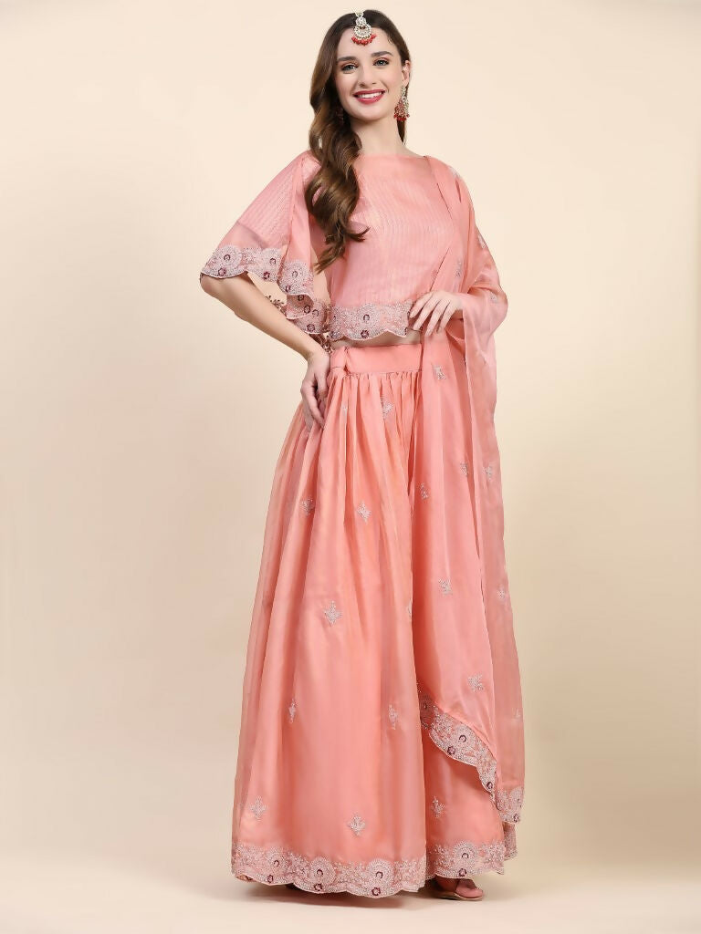 Peach Silk Embroidered Poncho Pattern Top & Lehenga with Dupatta - Tanya - Distacart